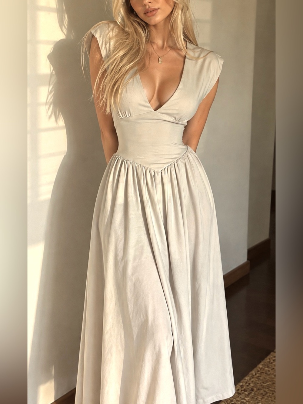 Women's V‑Neck White Maxi Essential Formal Stylish Elegant Must Have Dress